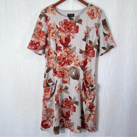 Enfocus Studio Short Sleeve Floral Tan Front Pocket‎ Spring Dress Size 14 - Picture 1 of 13